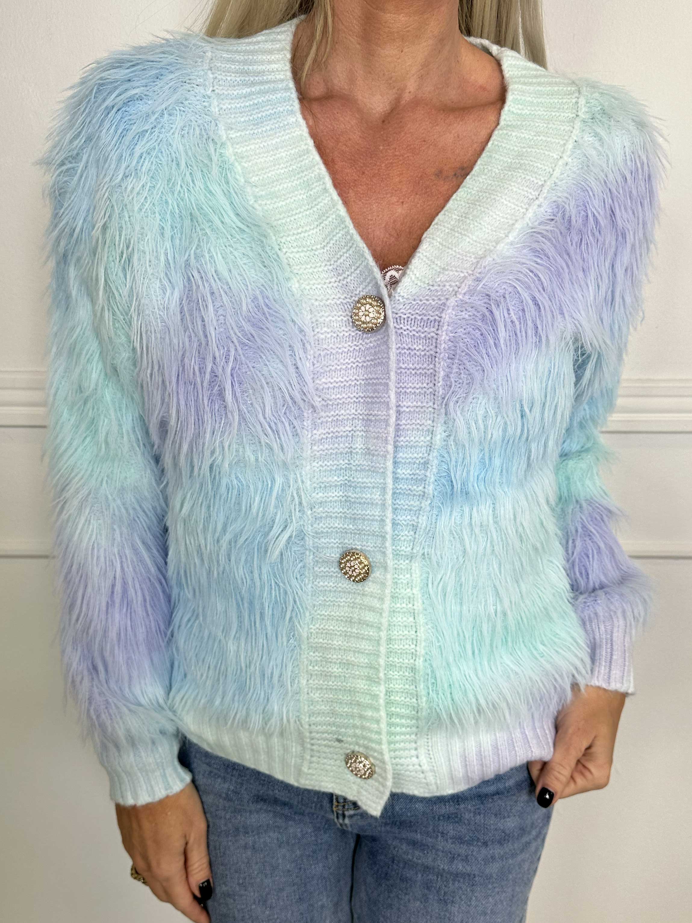 Duff - Sød fluffy cardigan i fine pastel farver